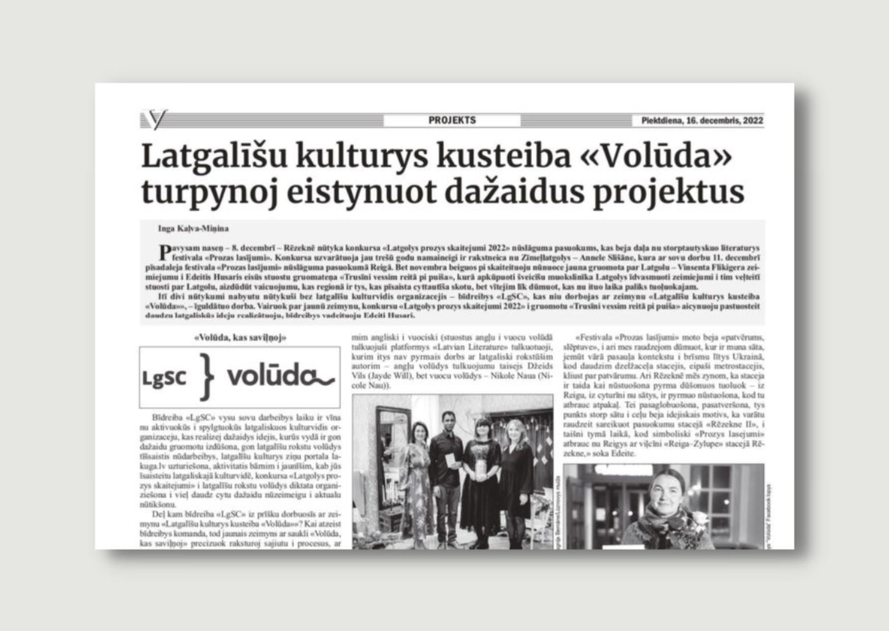 “Vietējā Latgales Avīze” roksta par latgalīšu kulturys kusteibys “Volūda” puormaiņom i aktualitatem